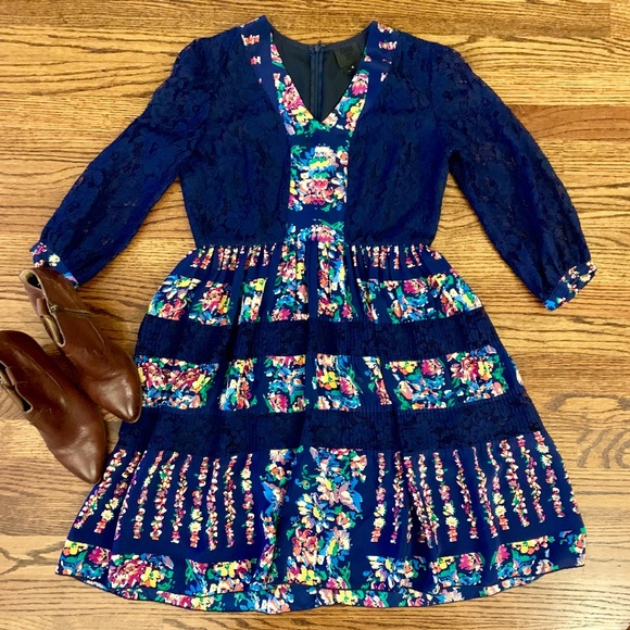 Anthropologie Dresses & Skirts - Anna Sui Mixed Media Blouson Navy Lace Dress Sz 4